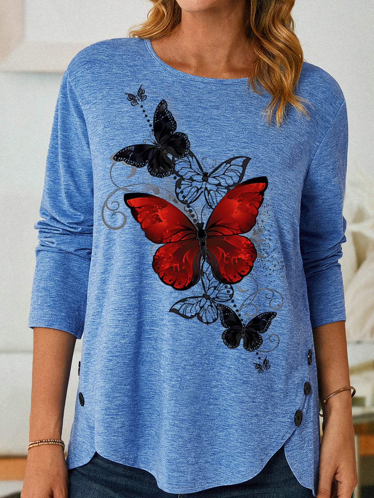 Women's Fashion Butterfly Graphic Printing Casual Crew Neck Shirt