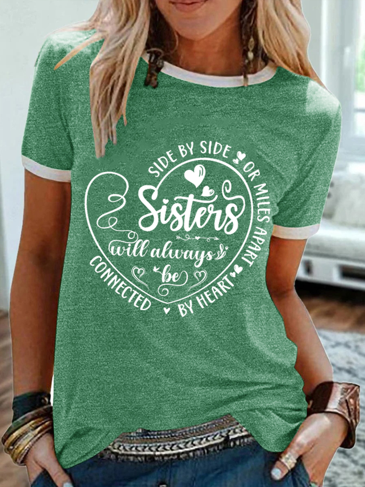 Women's Side By Side Or Miles Apart Sisters Will Always Be Connected By Heart Cotton-Blend T-Shirt