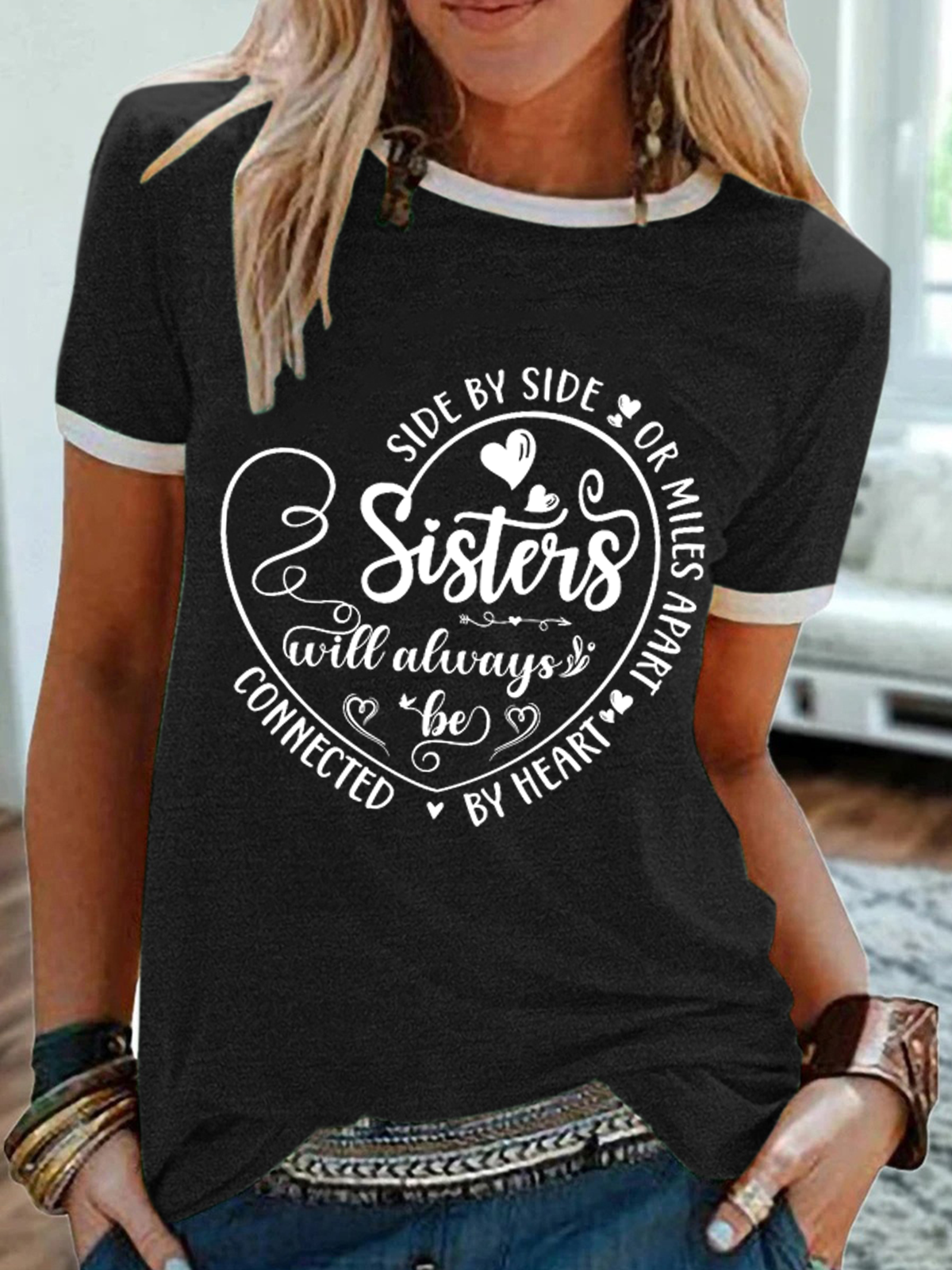 Women's Side By Side Or Miles Apart Sisters Will Always Be Connected By Heart Cotton-Blend T-Shirt