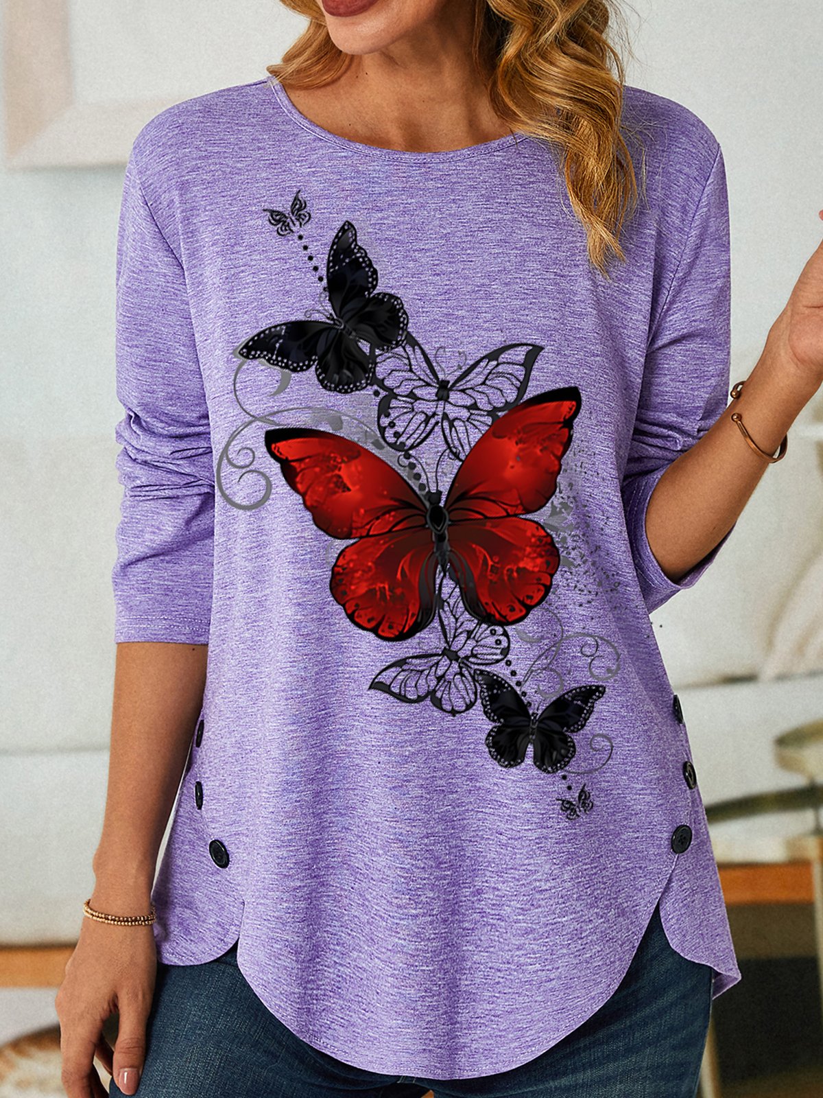 Women's Fashion Butterfly Graphic Printing Casual Crew Neck Shirt