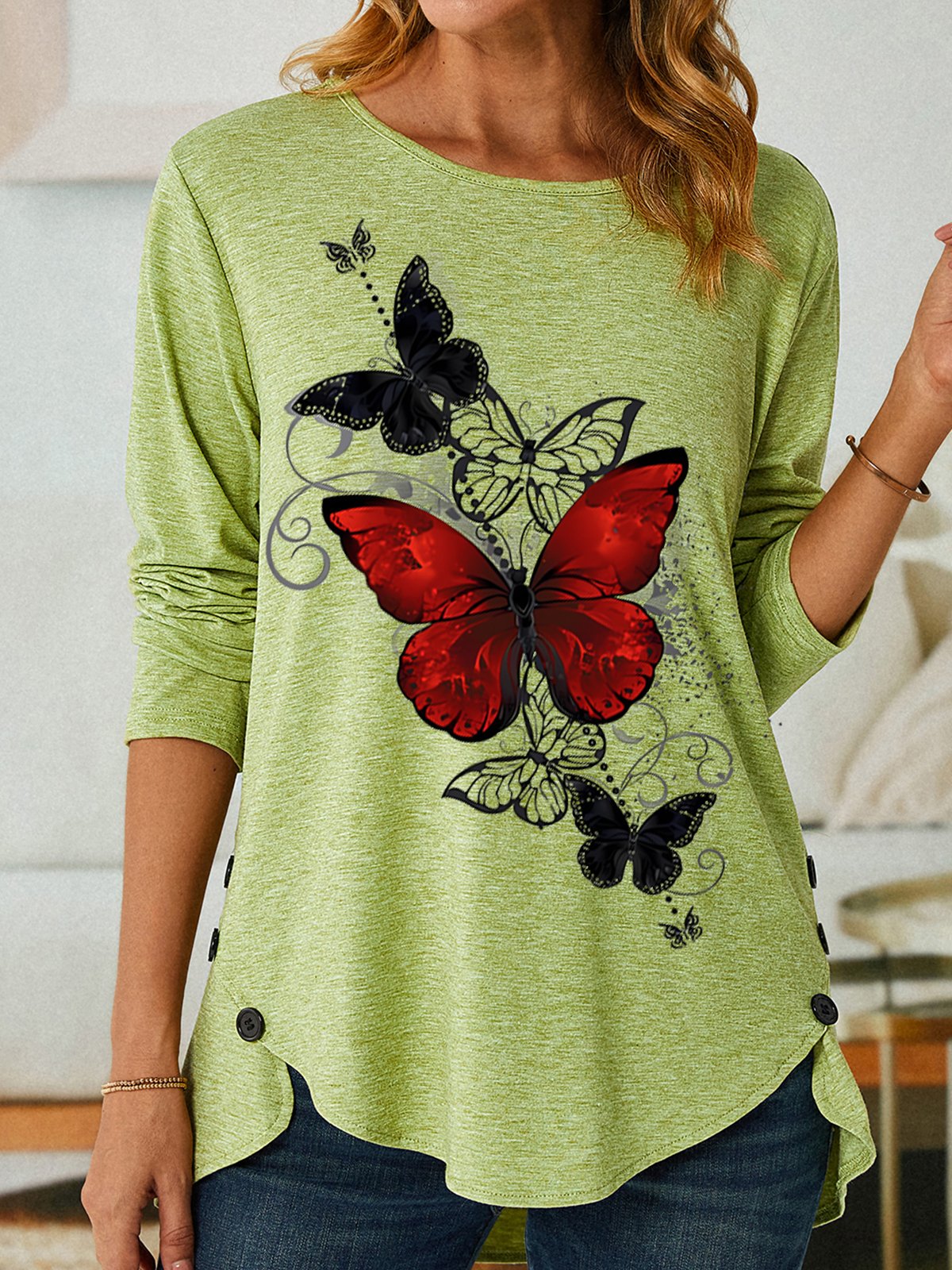 Women's Fashion Butterfly Graphic Printing Casual Crew Neck Shirt