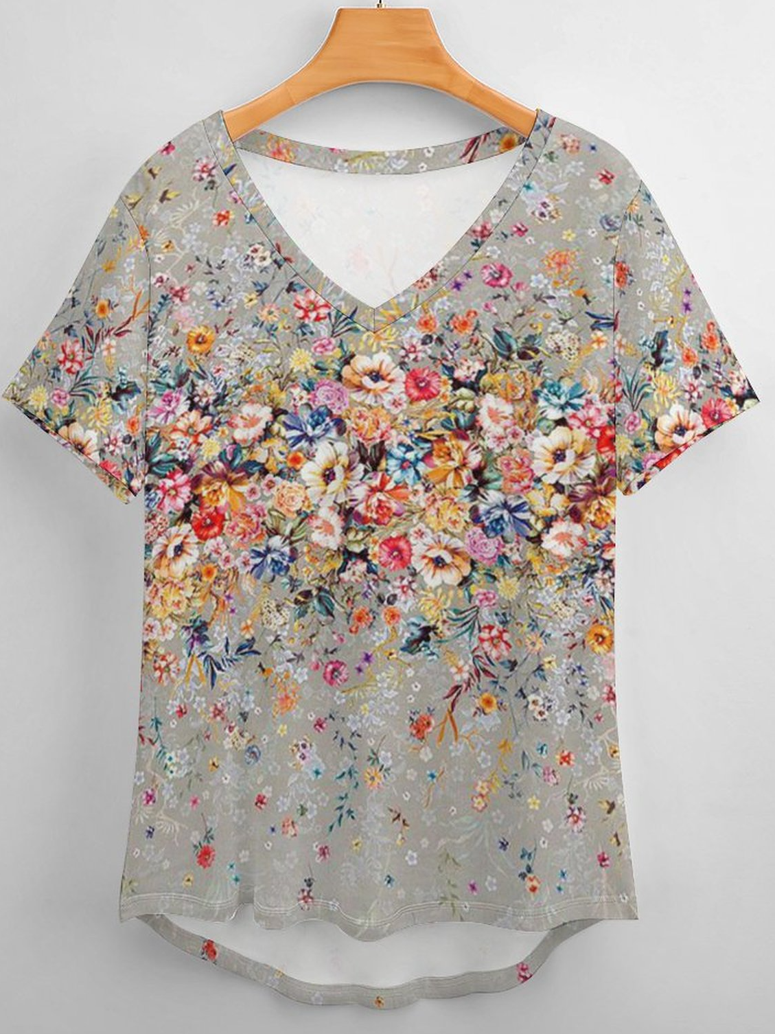 Women's Art Floral Print V Neck Casual Loose T-Shirt