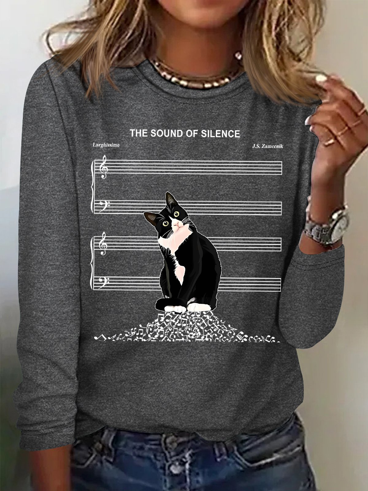 Women's The Sound Of Silence Funny Cute Cat Musical Staff Graphic Printing Casual Regular Fit Cat Crew Neck Shirt