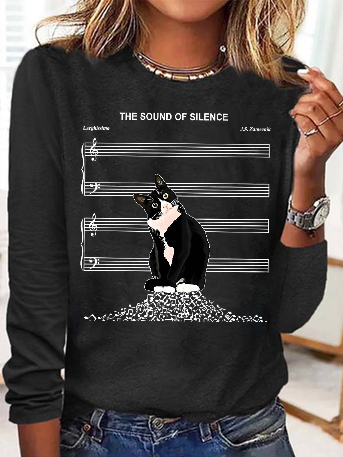 Women's The Sound Of Silence Funny Cute Cat Musical Staff Graphic Printing Casual Regular Fit Cat Crew Neck Shirt