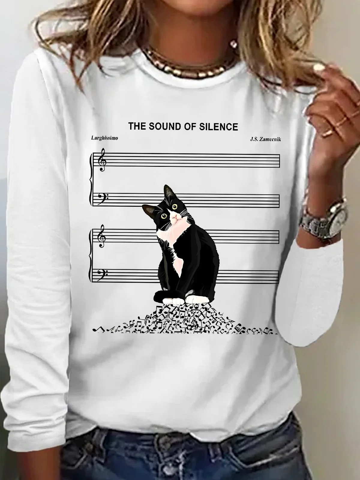 Women's The Sound Of Silence Funny Cute Cat Musical Staff Graphic Printing Casual Regular Fit Cat Crew Neck Shirt