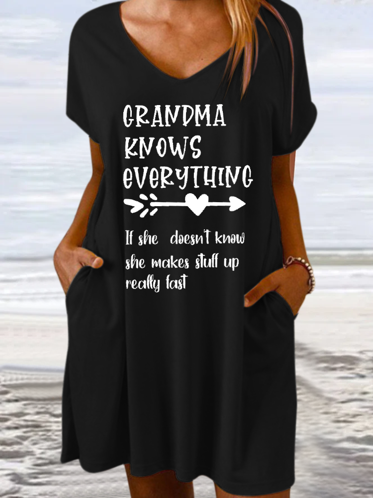 Women's Funny Grammy Grandma Knows Everything V Neck Text Letters Casual Dress