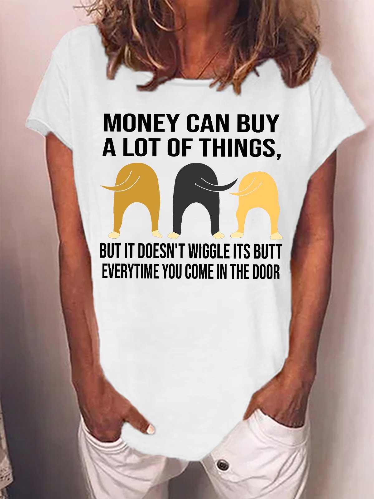 Women's Money Can Buy A Lot Of Things But It Doesn‘T Wiggle Its Butt Everytime You Come In The Door Funny Graphic Printing Cat Casual Cotton-Blend Loose T-Shirt