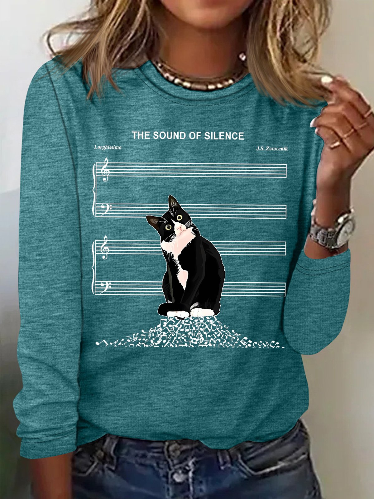 Women's The Sound Of Silence Funny Cute Cat Musical Staff Graphic Printing Casual Regular Fit Cat Crew Neck Shirt