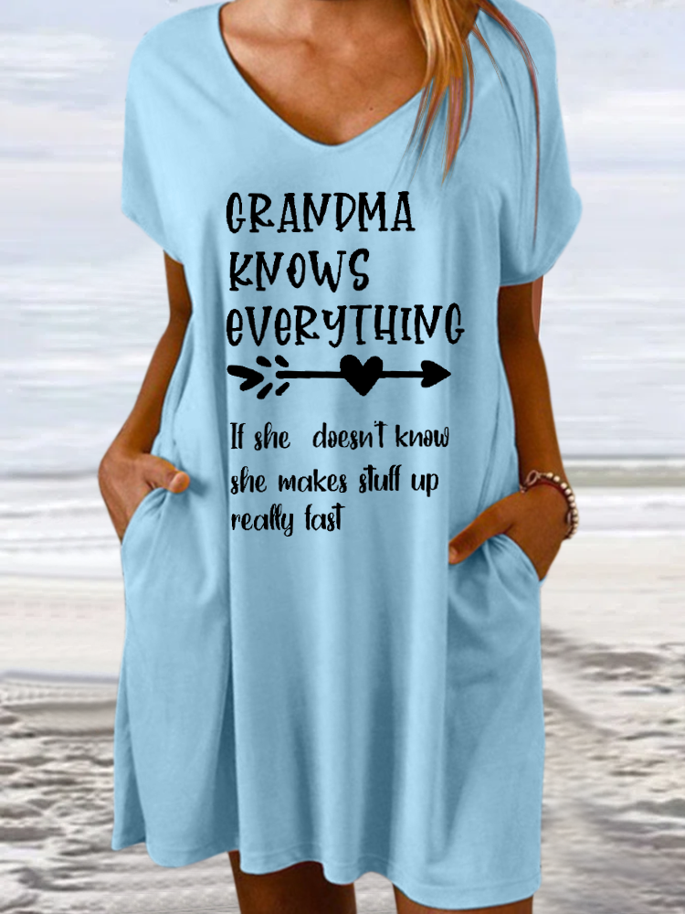 Women's Funny Grammy Grandma Knows Everything V Neck Text Letters Casual Dress