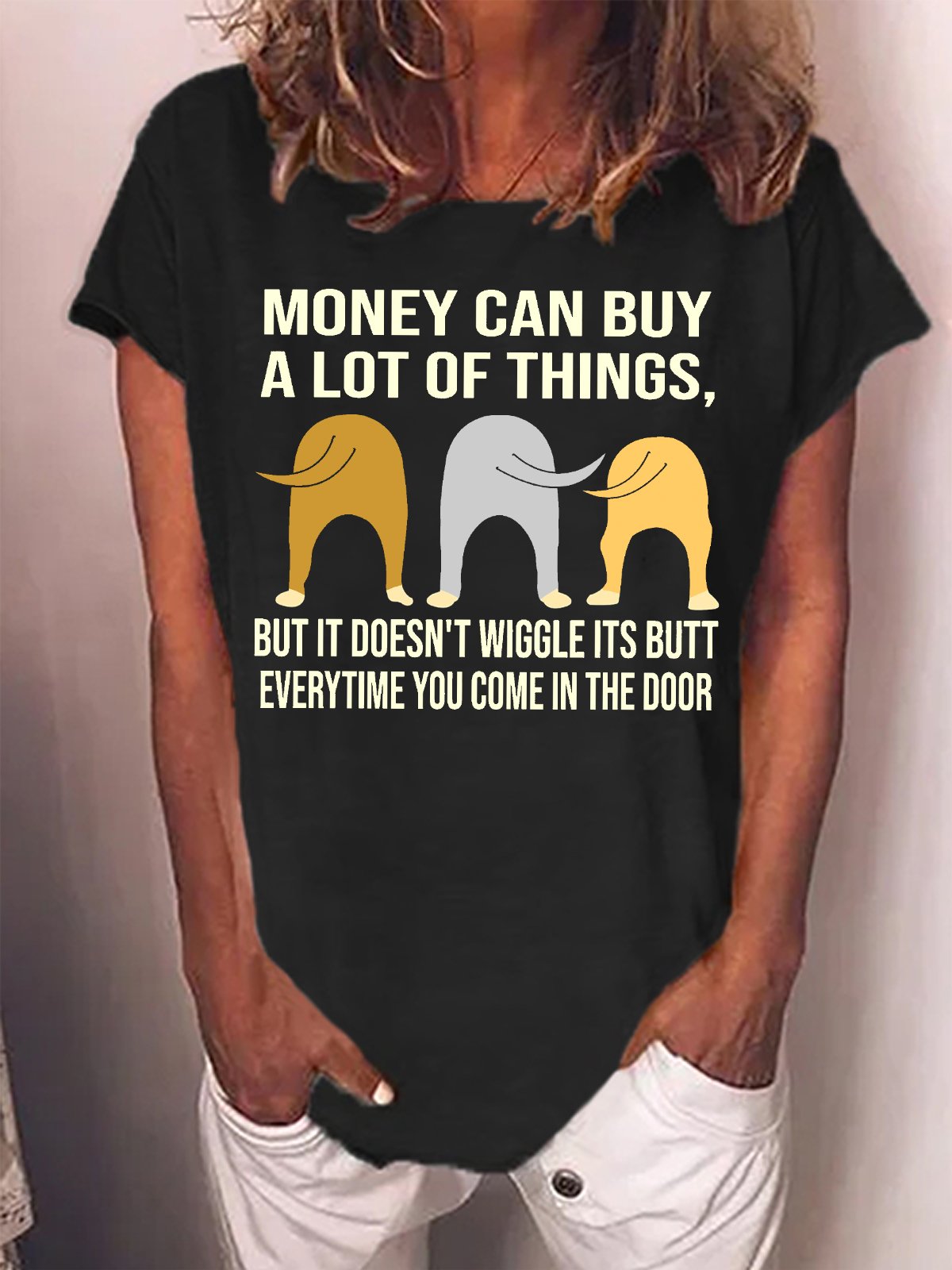 Women's Money Can Buy A Lot Of Things But It Doesn‘T Wiggle Its Butt Everytime You Come In The Door Funny Graphic Printing Cat Casual Cotton-Blend Loose T-Shirt