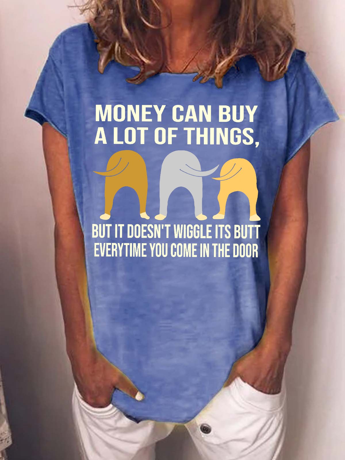 Women's Money Can Buy A Lot Of Things But It Doesn‘T Wiggle Its Butt Everytime You Come In The Door Funny Graphic Printing Cat Casual Cotton-Blend Loose T-Shirt