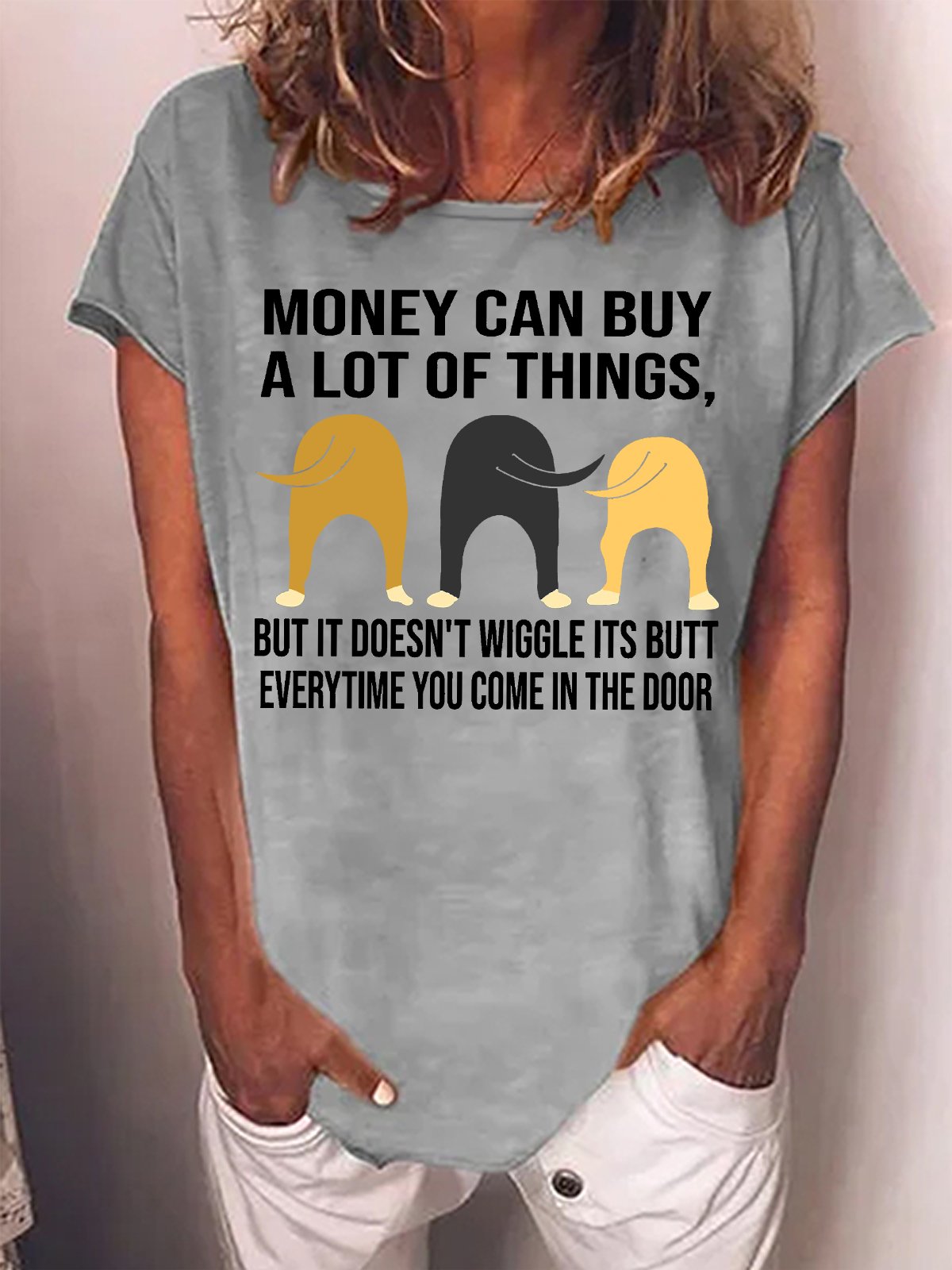 Women's Money Can Buy A Lot Of Things But It Doesn‘T Wiggle Its Butt Everytime You Come In The Door Funny Graphic Printing Cat Casual Cotton-Blend Loose T-Shirt