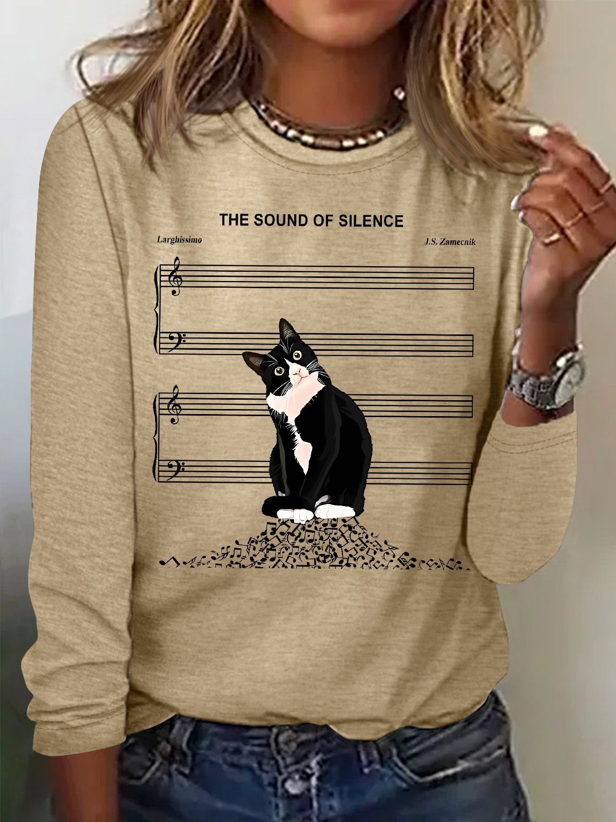 Women's The Sound Of Silence Funny Cute Cat Musical Staff Graphic Printing Casual Regular Fit Cat Crew Neck Shirt