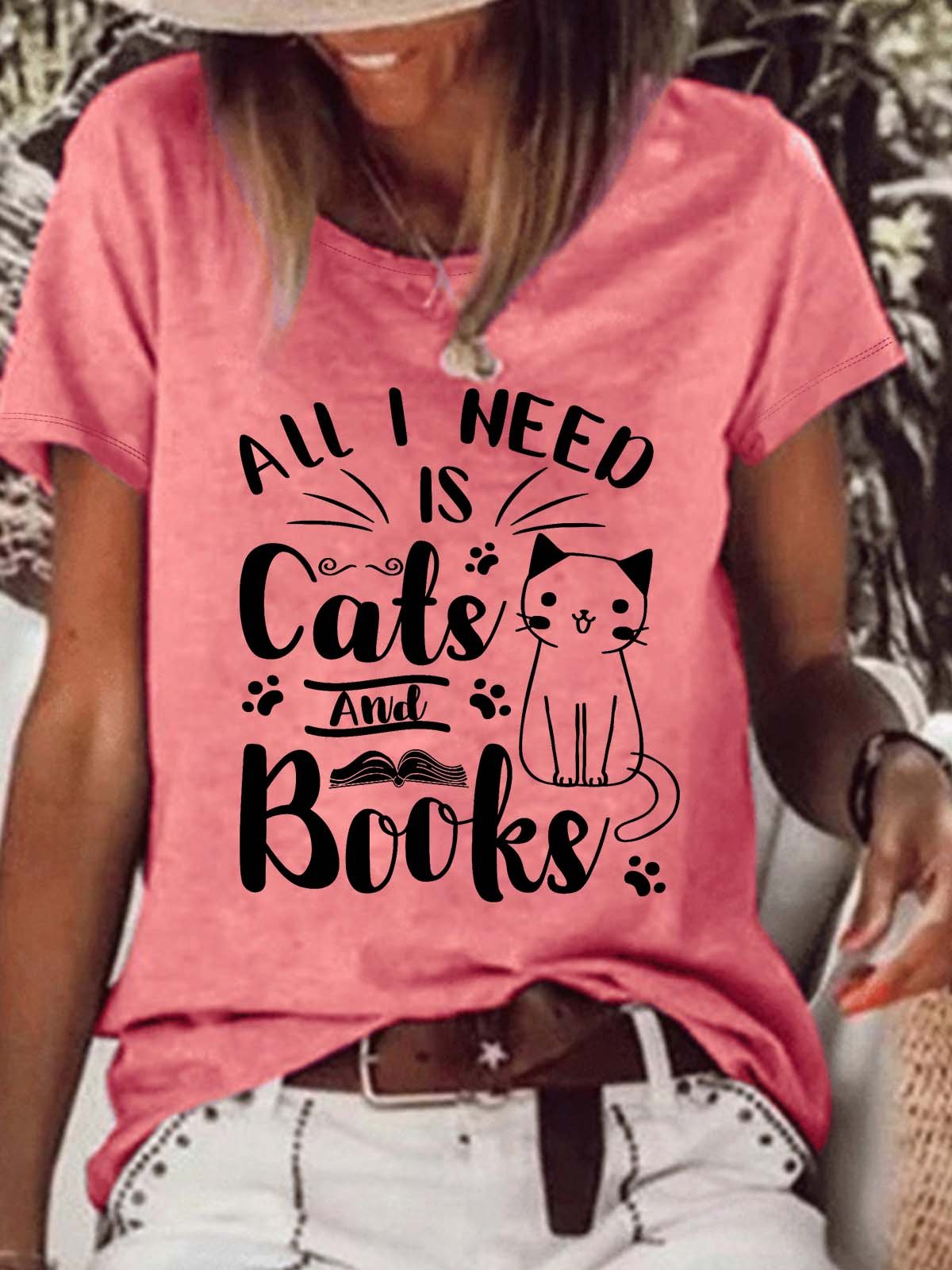 Women’s All I Need Is Cats And Books Loose Crew Neck Casual T-Shirt