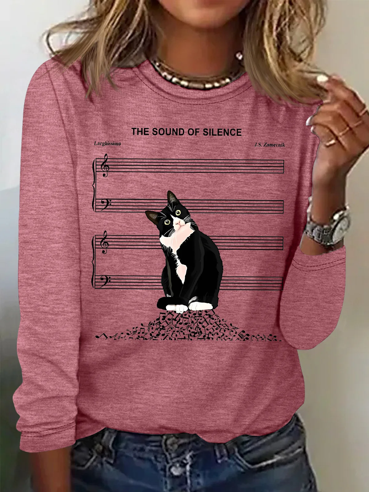 Women's The Sound Of Silence Funny Cute Cat Musical Staff Graphic Printing Casual Regular Fit Cat Crew Neck Shirt