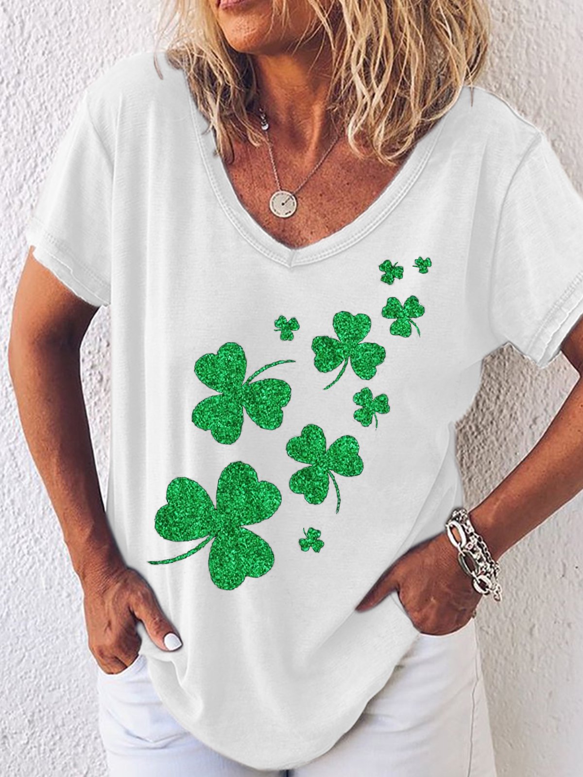 Women's St. Patricks Day Glitter Shamrocks V Neck T-Shirt