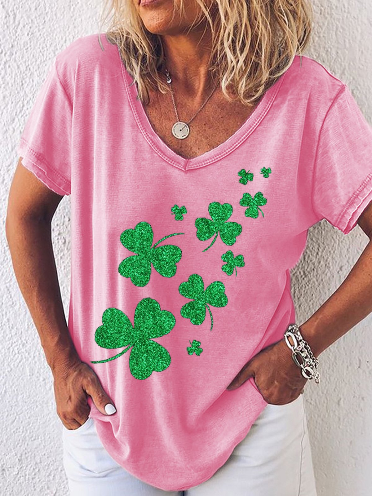 Women's St. Patricks Day Glitter Shamrocks V Neck T-Shirt