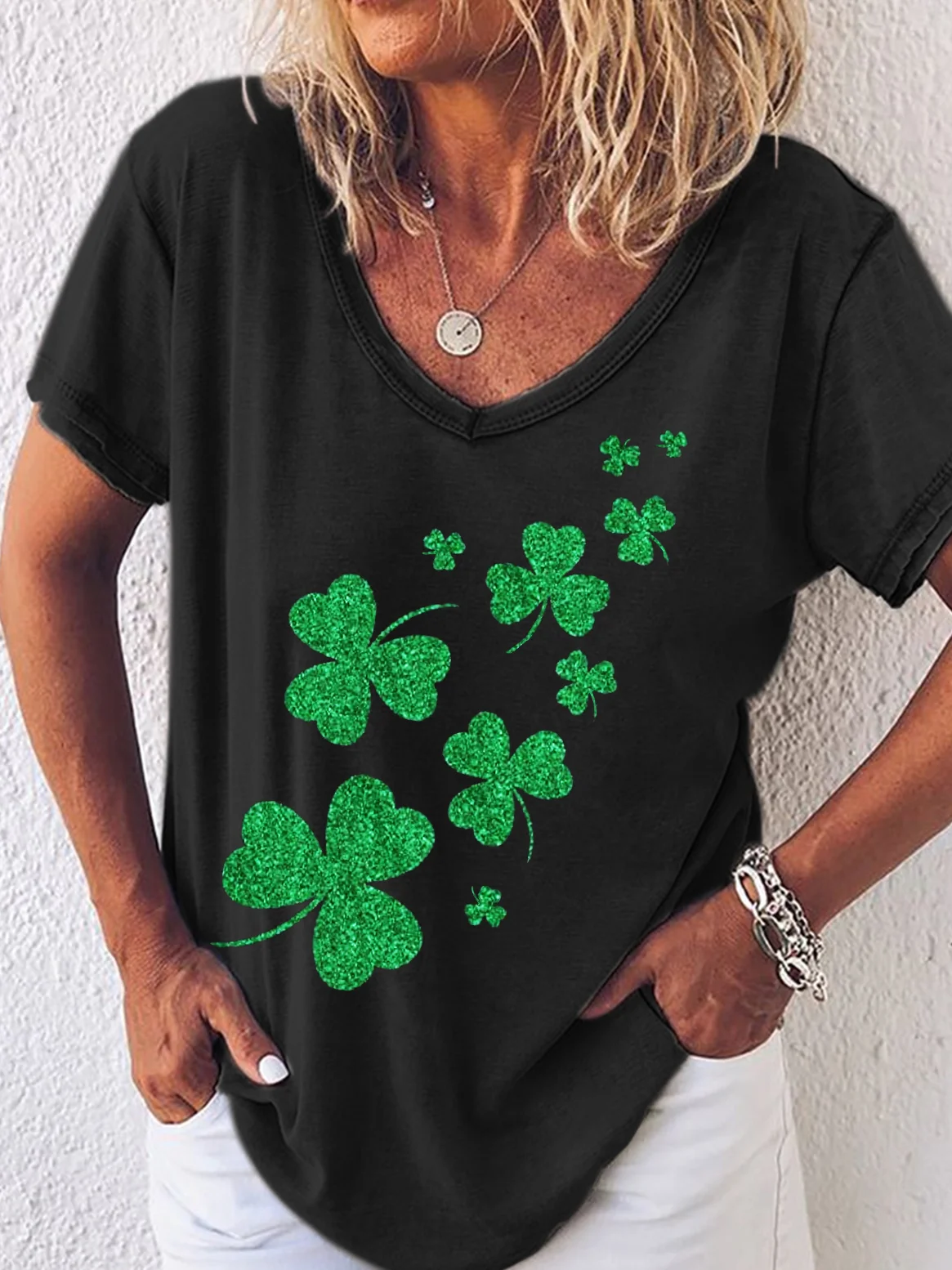 Women's St. Patricks Day Glitter Shamrocks V Neck T-Shirt