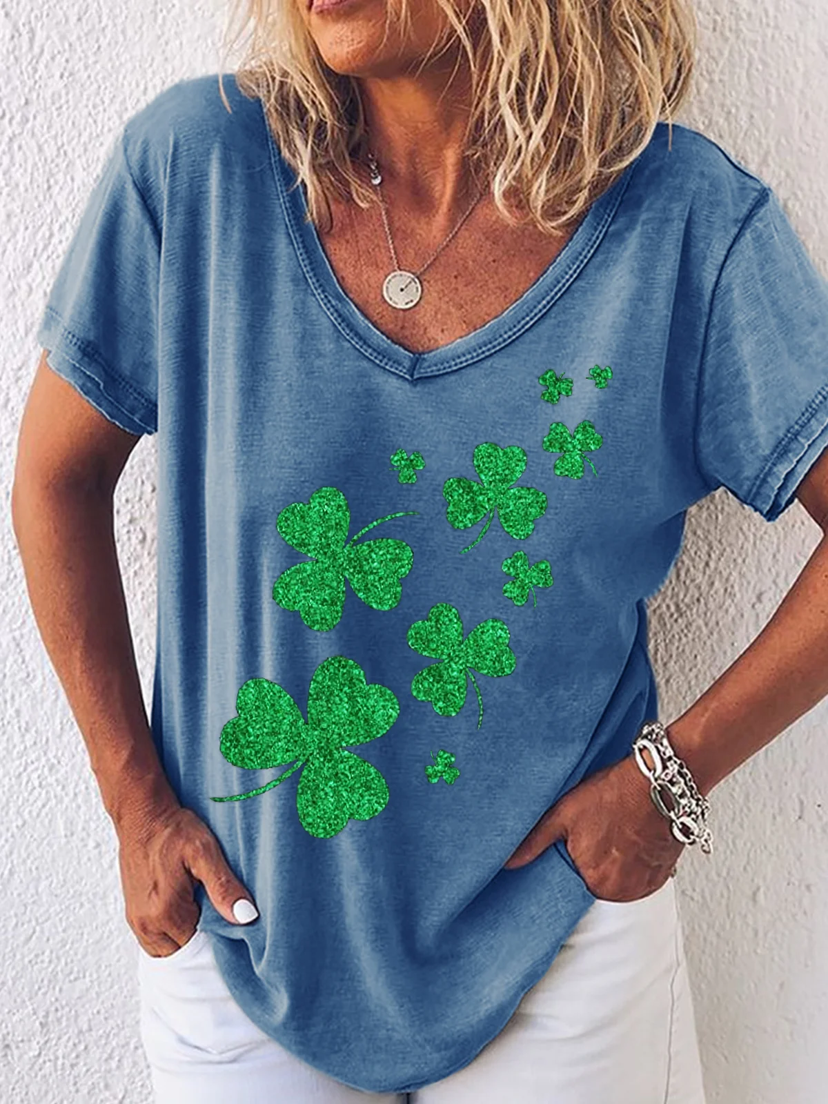 Women's St. Patricks Day Glitter Shamrocks V Neck T-Shirt