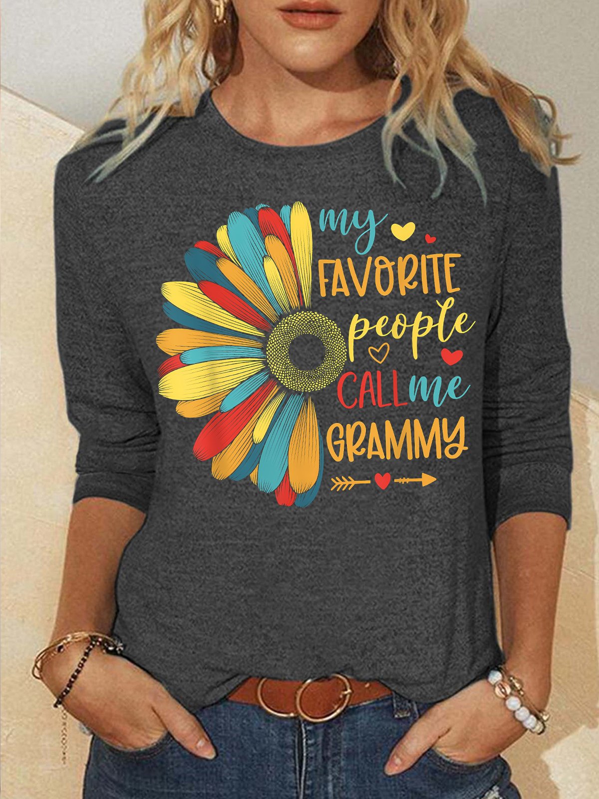 Women's My Favorite People Call Me Grammy Funny Graphic Printing Regular Fit Casual Crew Neck Sunflower Shirt