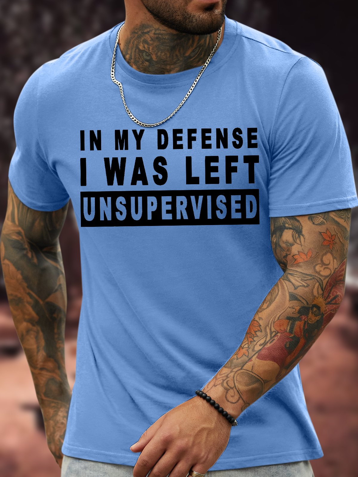 Men's In My Defense I Was Left Unsupervised Funny Graphic Printing Casual Text Letters Crew Neck Cotton T-Shirt