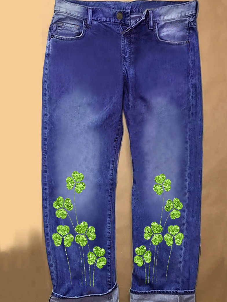 Women's St.Patrick's Day Shamrock Loose Casual Denim Jeans