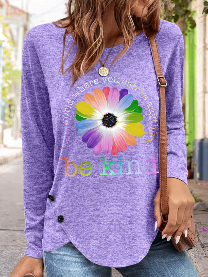 Women's In a World Where You Can be Anything Be Kind Daisy Neck Cotton-Blend Long Sleeve Top