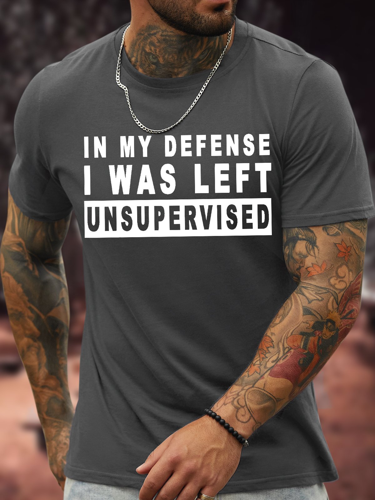 Men's In My Defense I Was Left Unsupervised Funny Graphic Printing Casual Text Letters Crew Neck Cotton T-Shirt