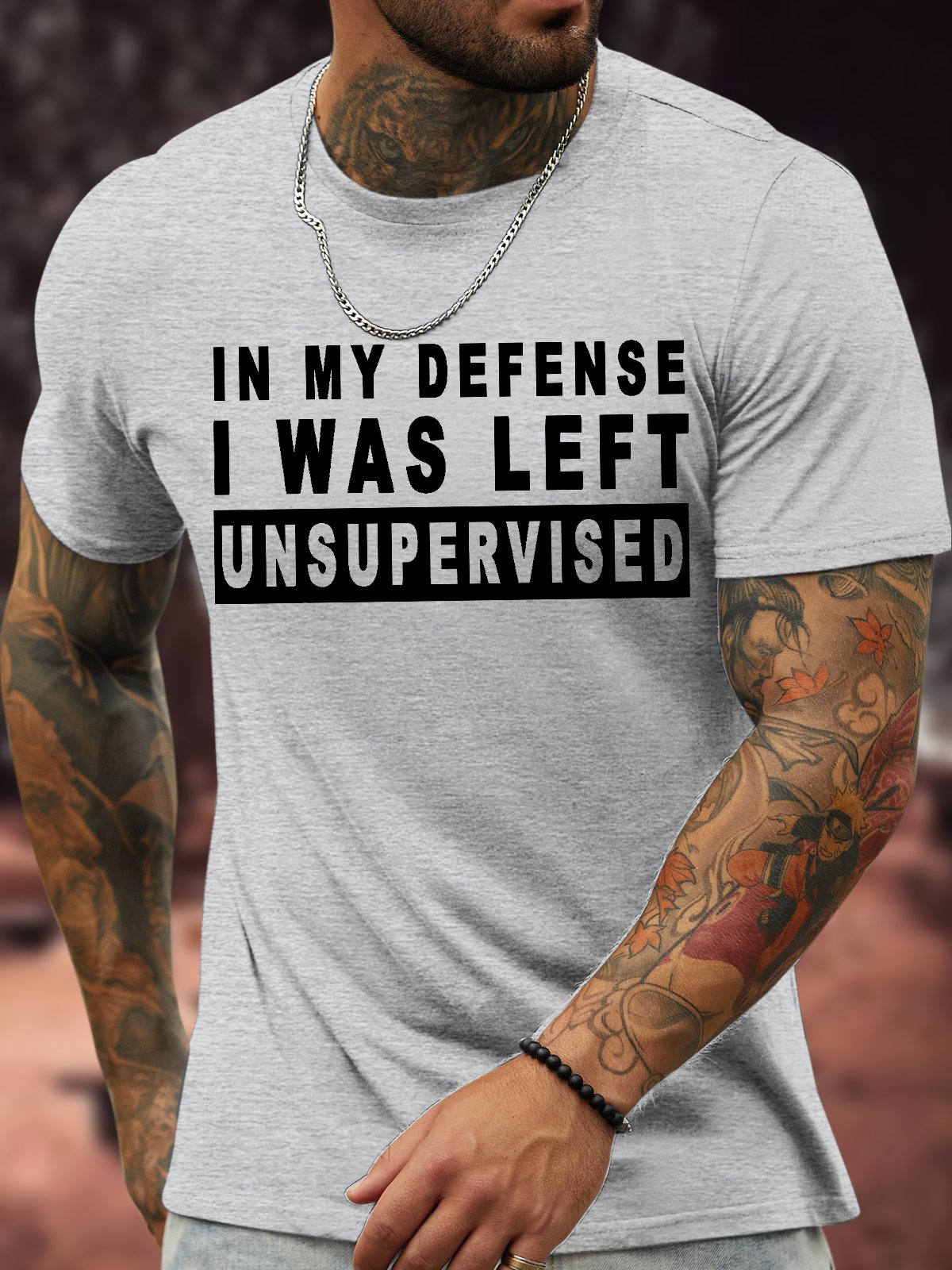 Men's In My Defense I Was Left Unsupervised Funny Graphic Printing Casual Text Letters Crew Neck Cotton T-Shirt