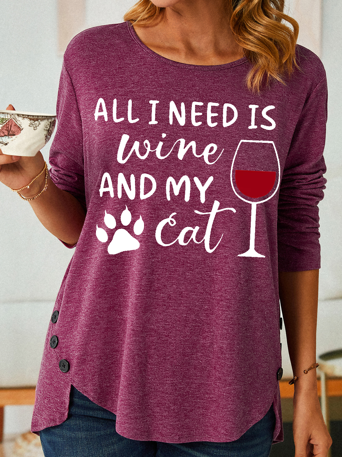 Women's All I Need Is Wine And My Cat Letters Casual Cotton-Blend T-Shirt