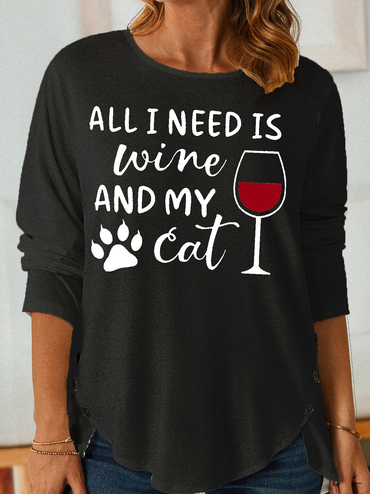 Women's All I Need Is Wine And My Cat Letters Casual Cotton-Blend T-Shirt