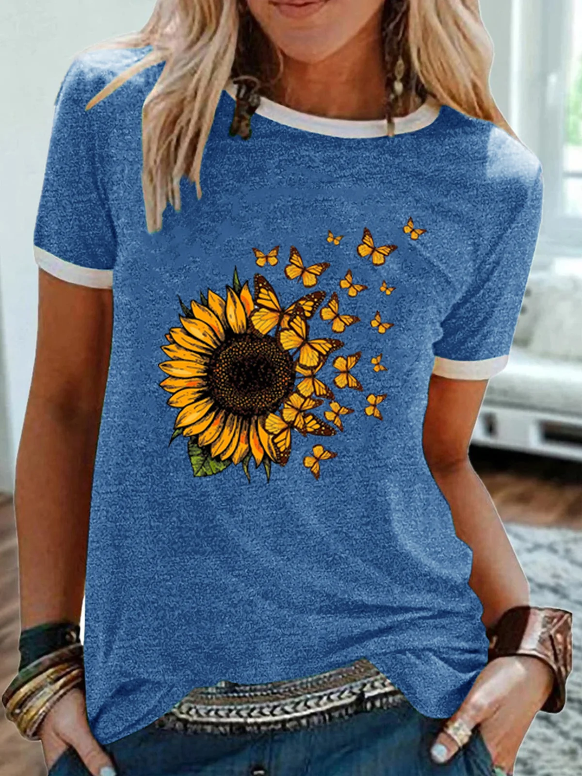 Women’s Butterfly Sunflower Print Casual T-Shirt