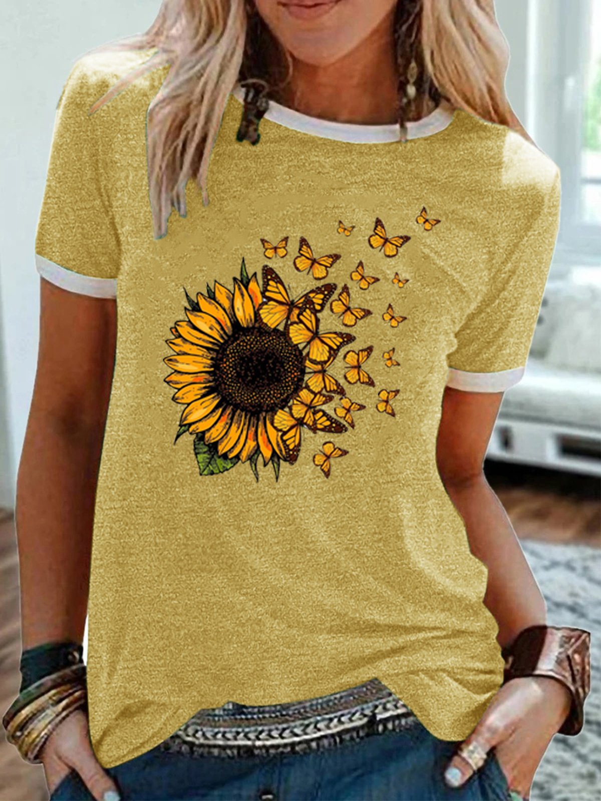 Women’s Butterfly Sunflower Print Casual T-Shirt