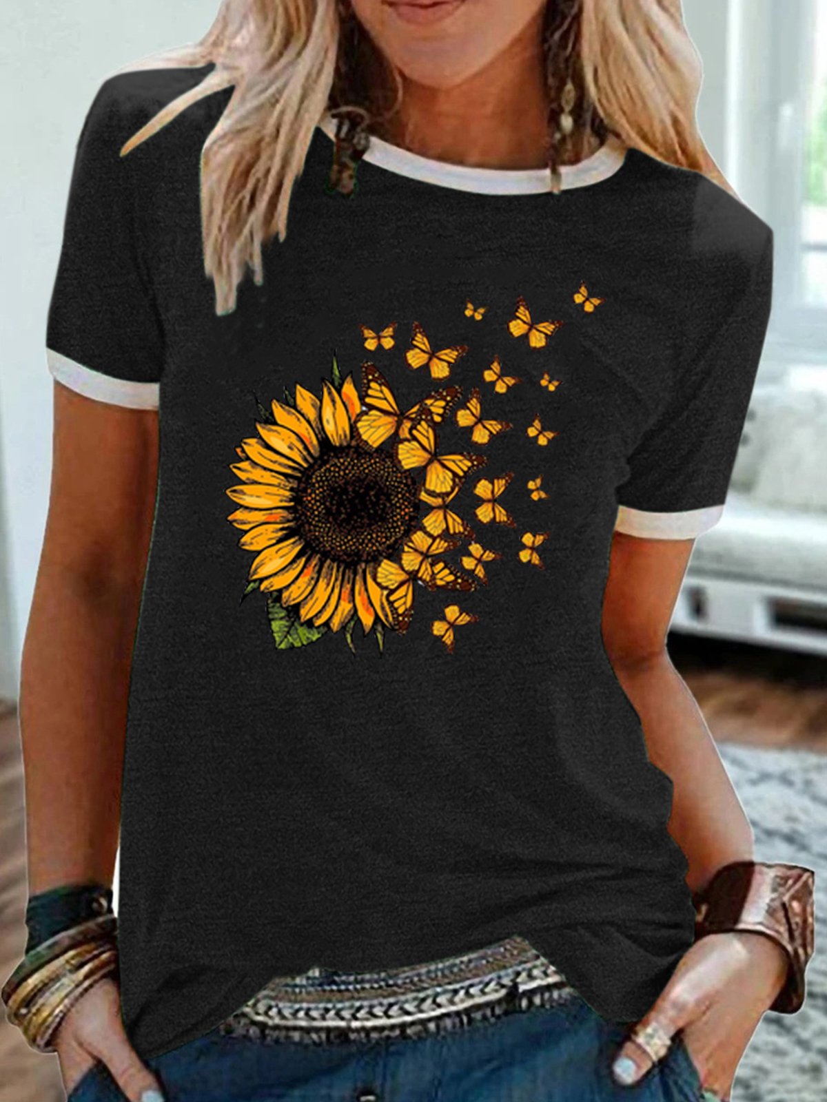 Women’s Butterfly Sunflower Print Casual T-Shirt