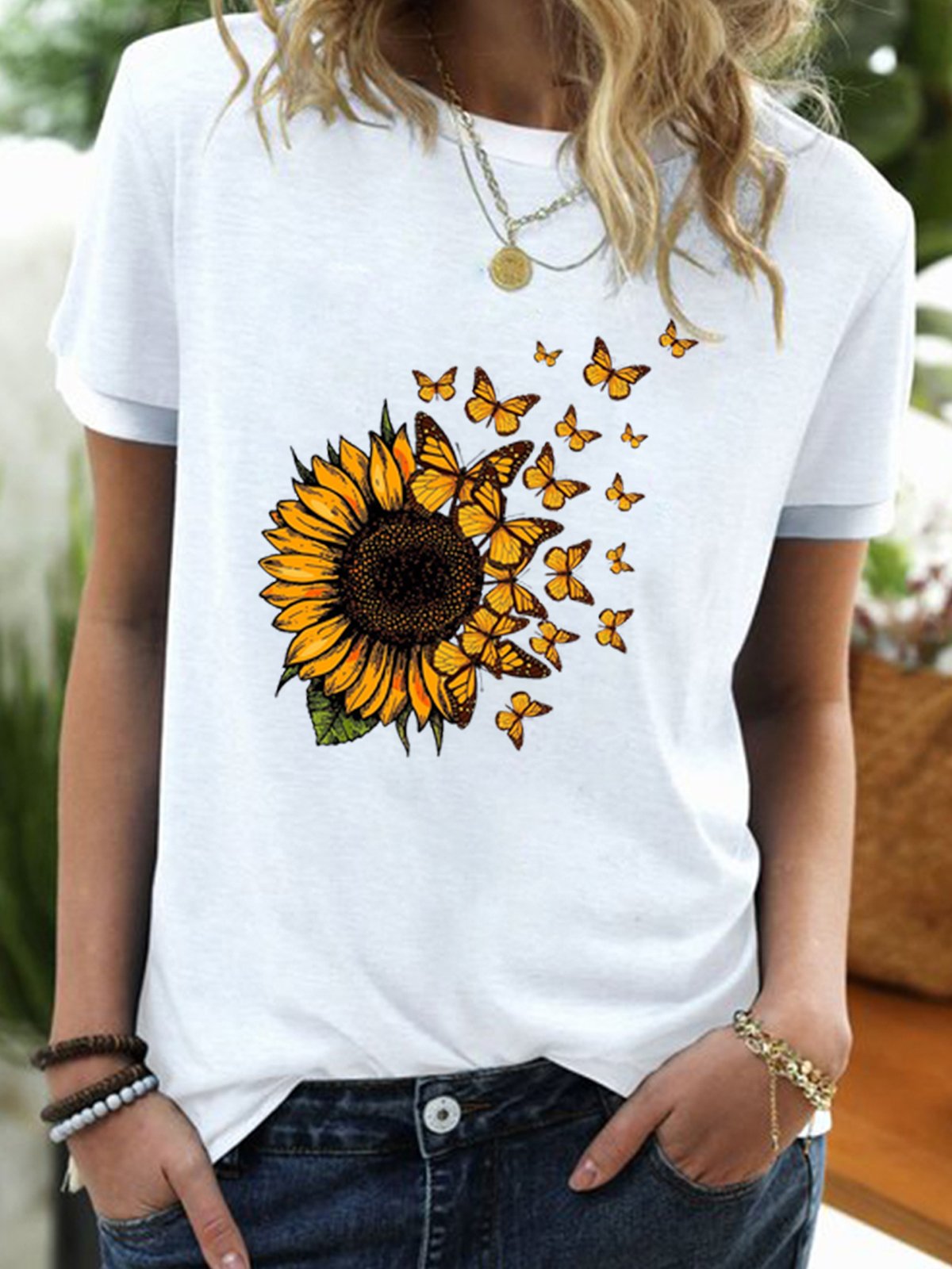 Women’s Butterfly Sunflower Print Casual T-Shirt