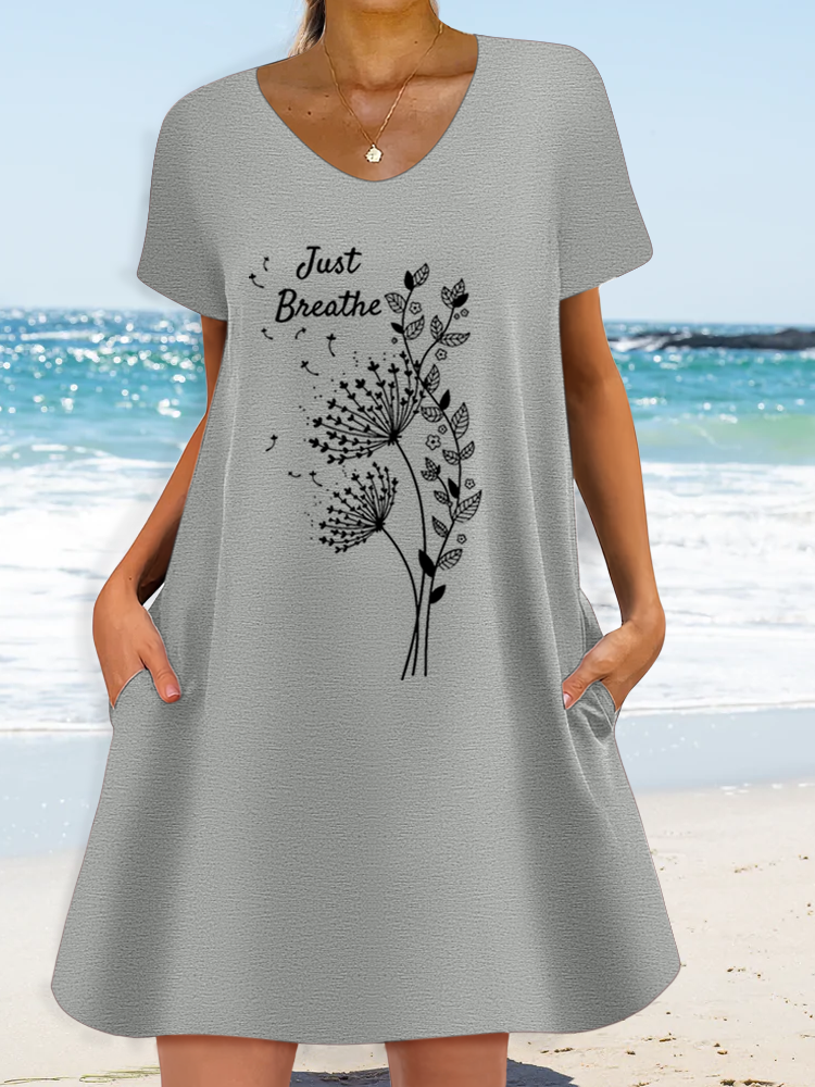 Women’s Dandelion Just Breathe Casual Loose V Neck Text Letters Dress