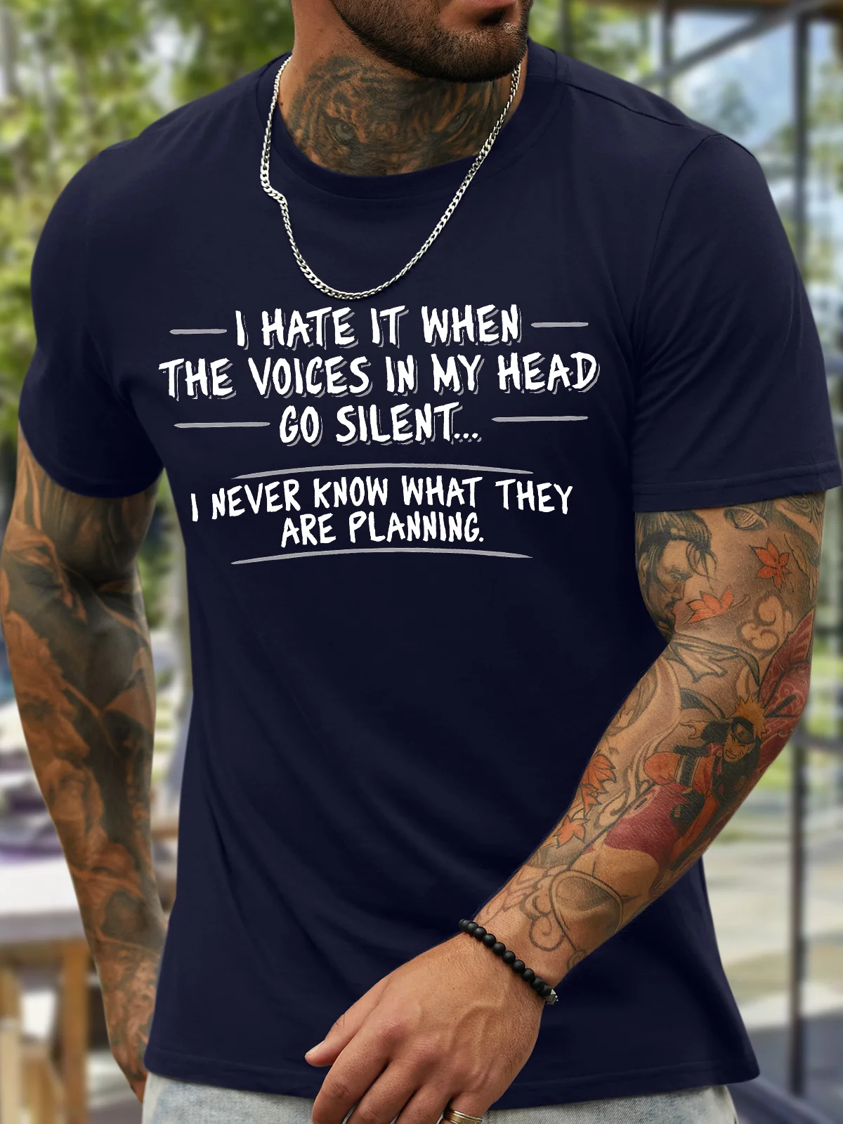 Men's I Hate It When The Voices In My Head Go Silent I Never Know What They Are Planning Funny Graphic Printing Cotton Text Letters Casual Crew Neck T-Shirt