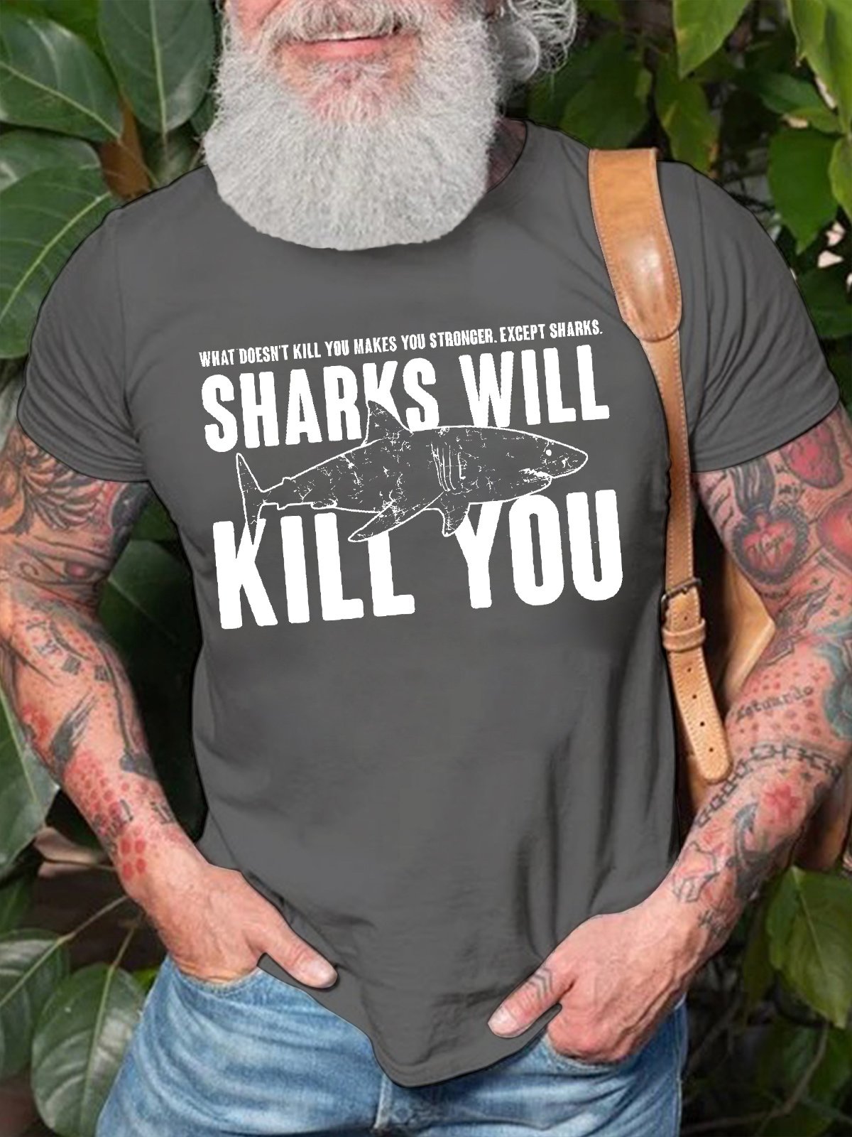 Men's What Doesn‘T Kill You Makes You Stronger Except Sharks Sharks Will Like You Funny Graphic Printing Crew Neck Casual Cotton Text Letters T-Shirt