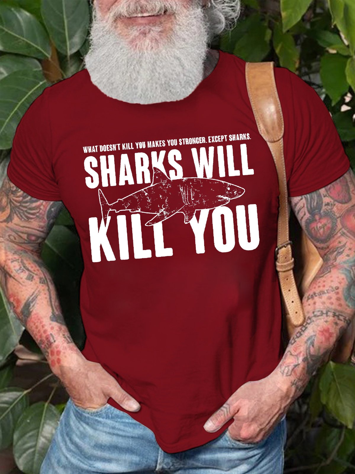 Men's What Doesn‘T Kill You Makes You Stronger Except Sharks Sharks Will Like You Funny Graphic Printing Crew Neck Casual Cotton Text Letters T-Shirt