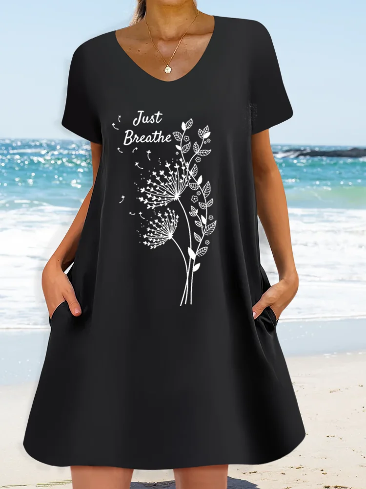 Women’s Dandelion Just Breathe Casual Loose V Neck Text Letters Dress