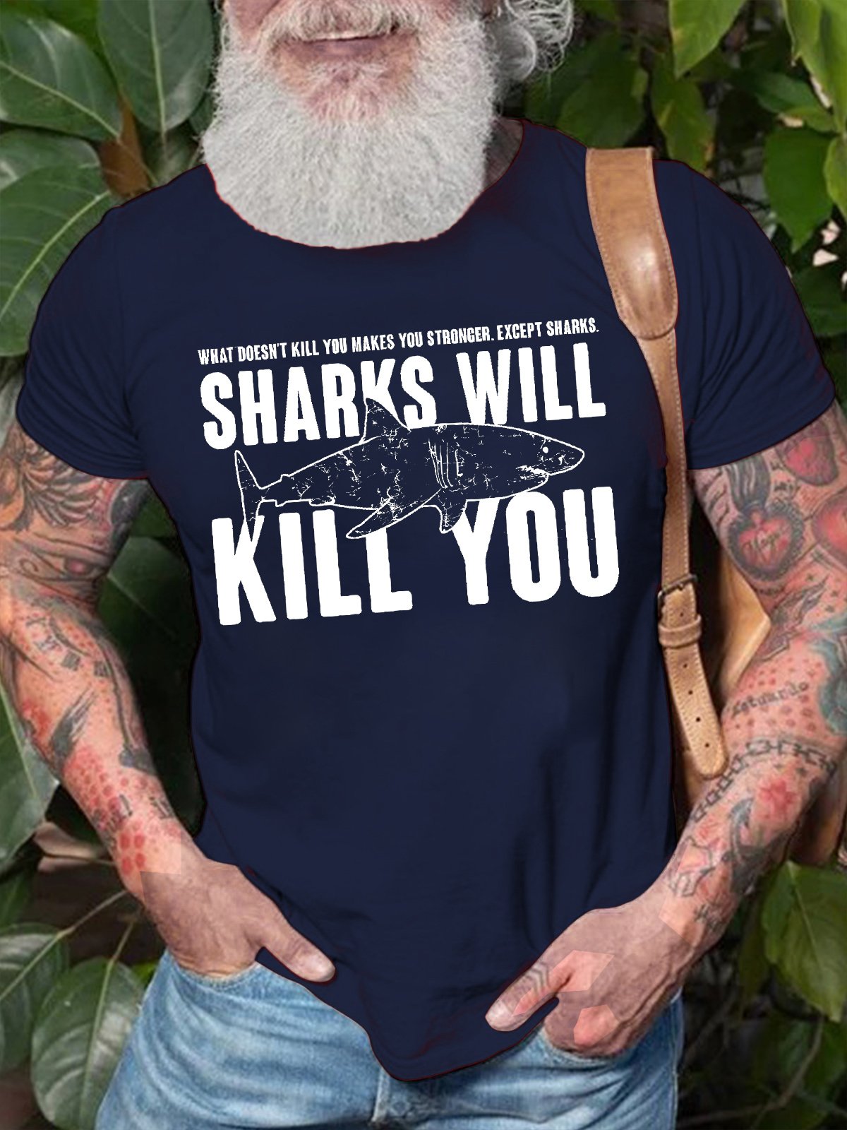 Men's What Doesn‘T Kill You Makes You Stronger Except Sharks Sharks Will Like You Funny Graphic Printing Crew Neck Casual Cotton Text Letters T-Shirt