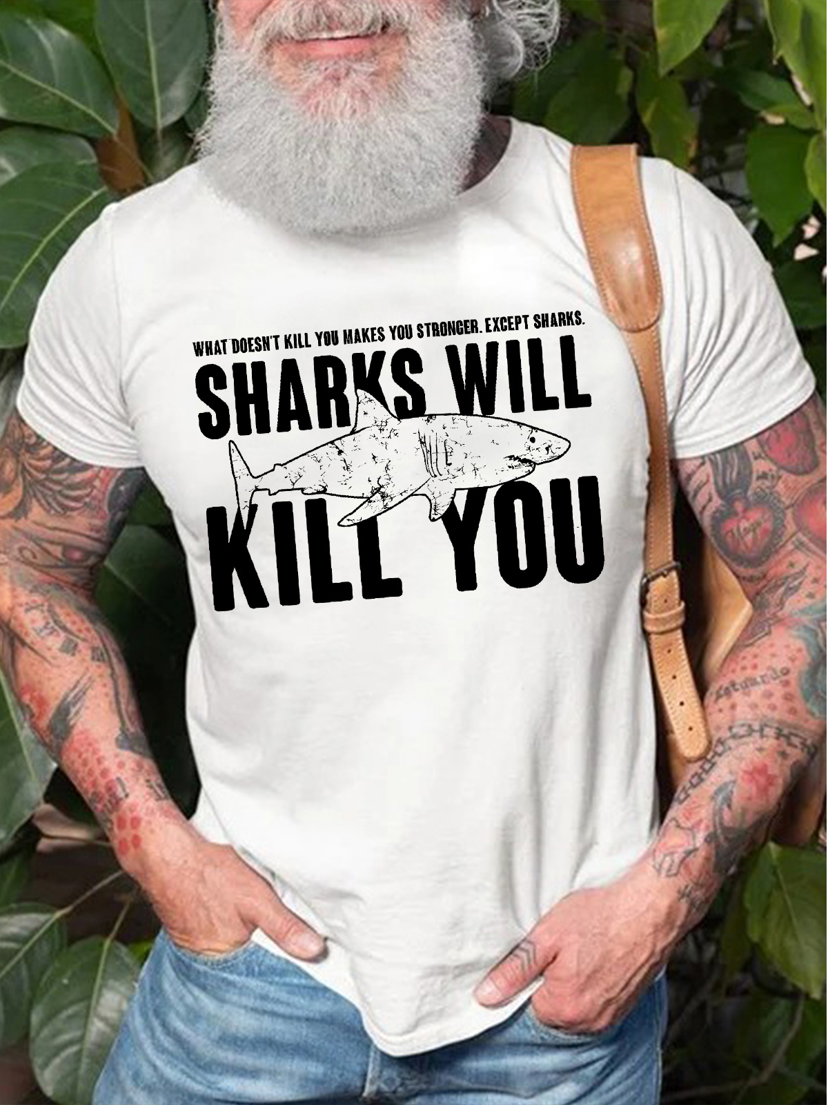 Men's What Doesn‘T Kill You Makes You Stronger Except Sharks Sharks Will Like You Funny Graphic Printing Crew Neck Casual Cotton Text Letters T-Shirt