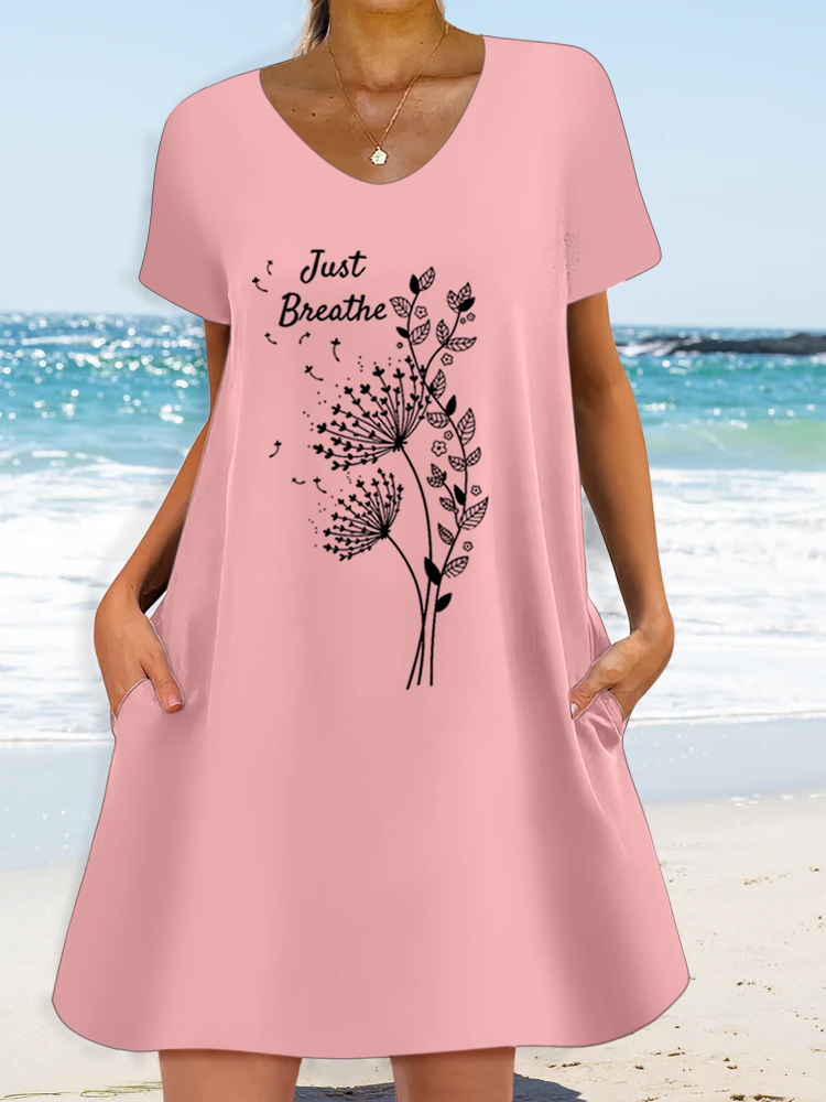 Women’s Dandelion Just Breathe Casual Loose V Neck Text Letters Dress