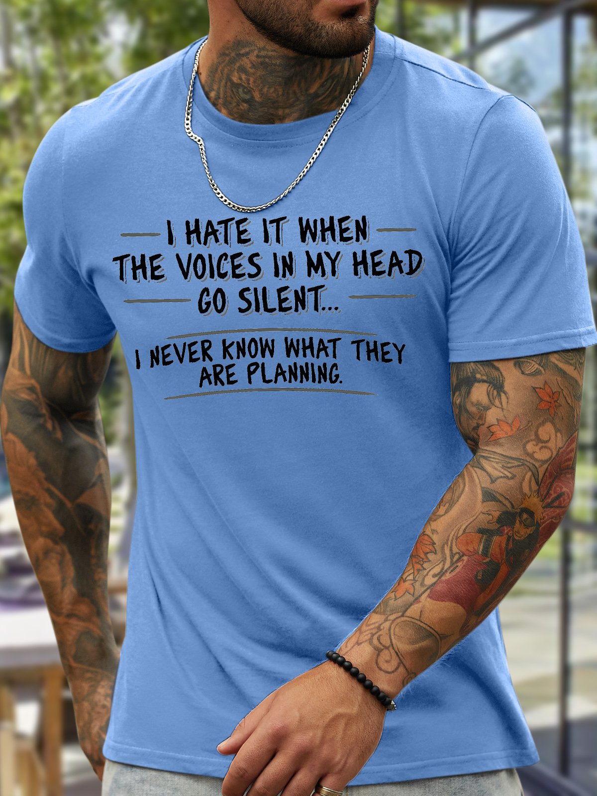 Men's I Hate It When The Voices In My Head Go Silent I Never Know What They Are Planning Funny Graphic Printing Cotton Text Letters Casual Crew Neck T-Shirt