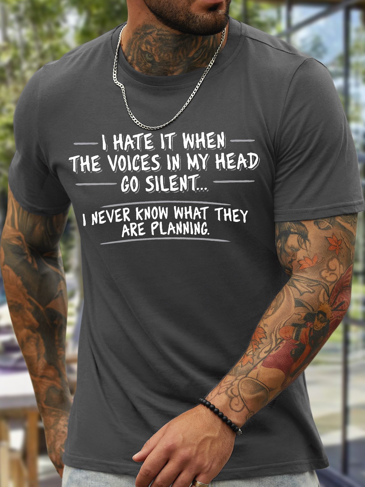 Men's I Hate It When The Voices In My Head Go Silent I Never Know What They Are Planning Funny Graphic Printing Cotton Text Letters Casual Crew Neck T-Shirt