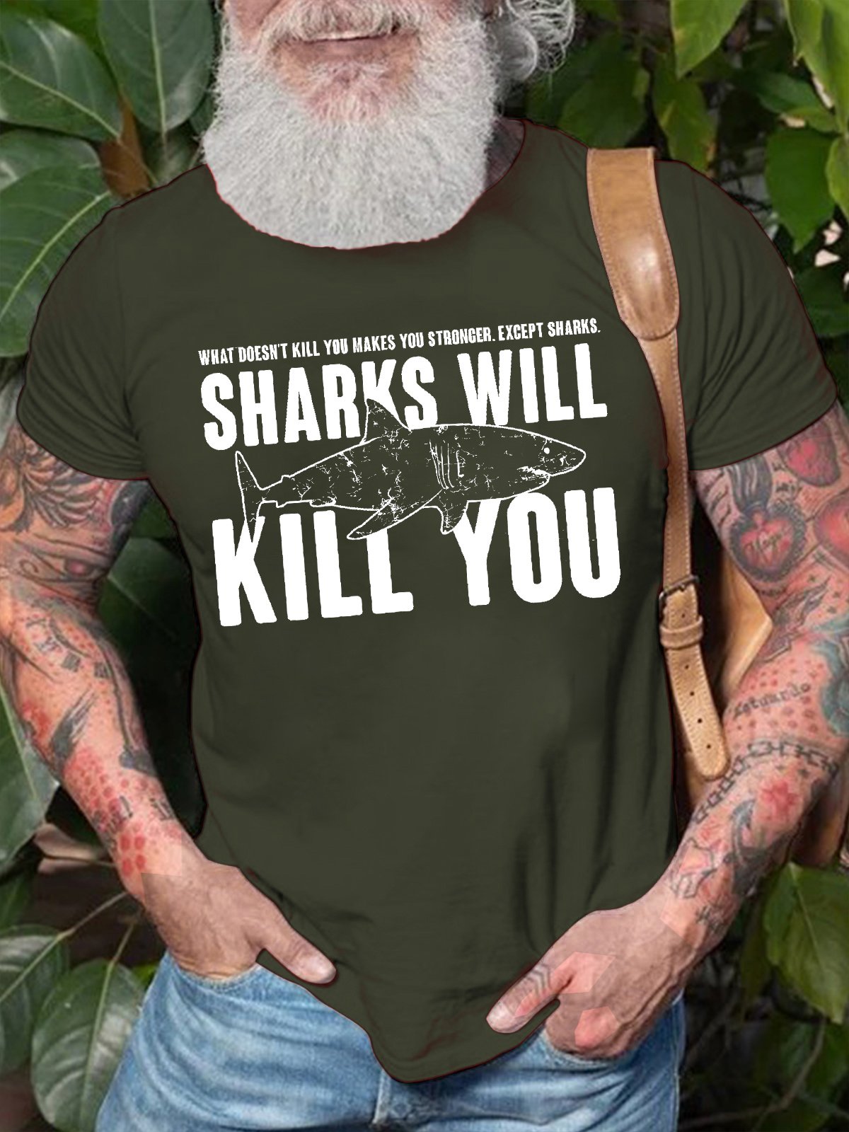 Men's What Doesn‘T Kill You Makes You Stronger Except Sharks Sharks Will Like You Funny Graphic Printing Crew Neck Casual Cotton Text Letters T-Shirt