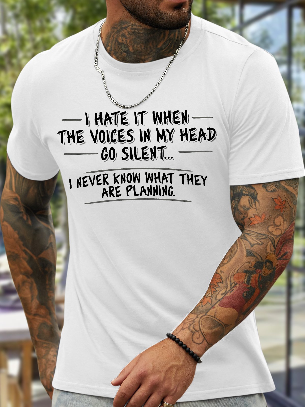 Men's I Hate It When The Voices In My Head Go Silent I Never Know What They Are Planning Funny Graphic Printing Cotton Text Letters Casual Crew Neck T-Shirt