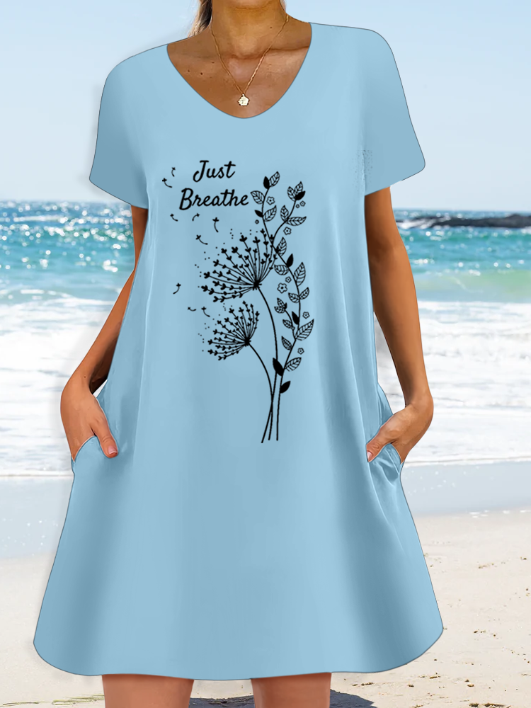 Women’s Dandelion Just Breathe Casual Loose V Neck Text Letters Dress