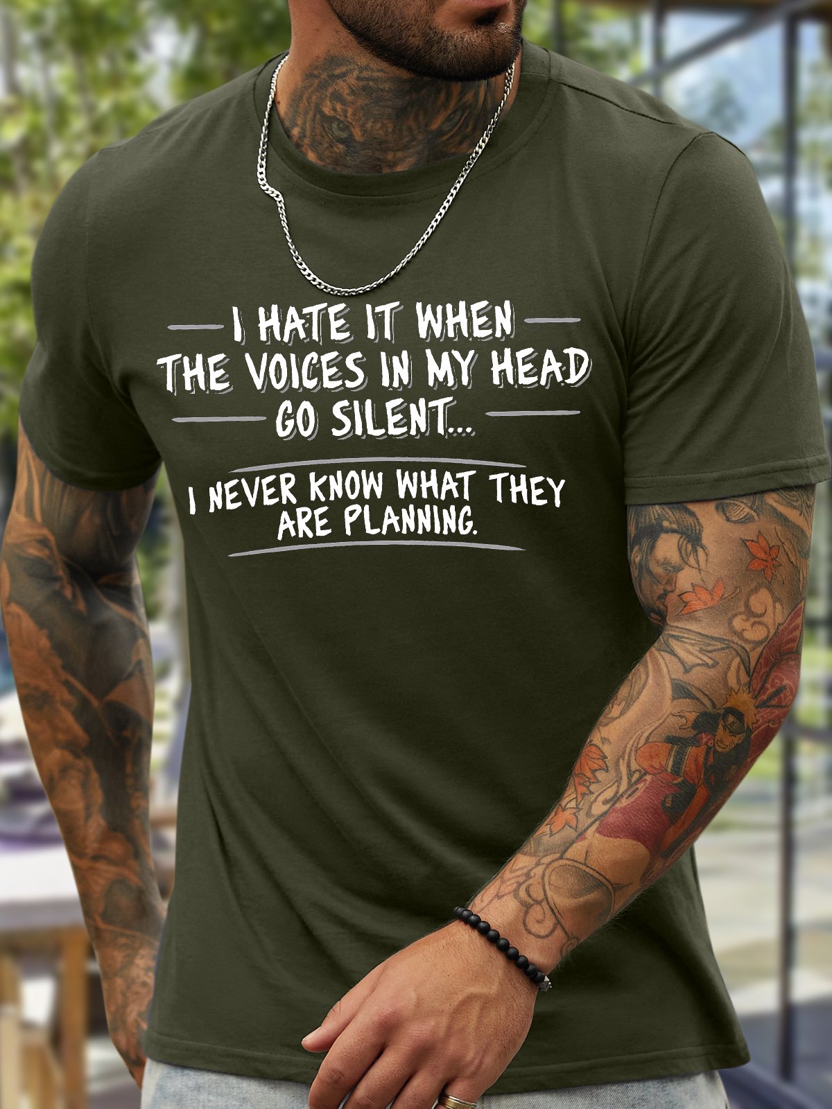 Men's I Hate It When The Voices In My Head Go Silent I Never Know What They Are Planning Funny Graphic Printing Cotton Text Letters Casual Crew Neck T-Shirt