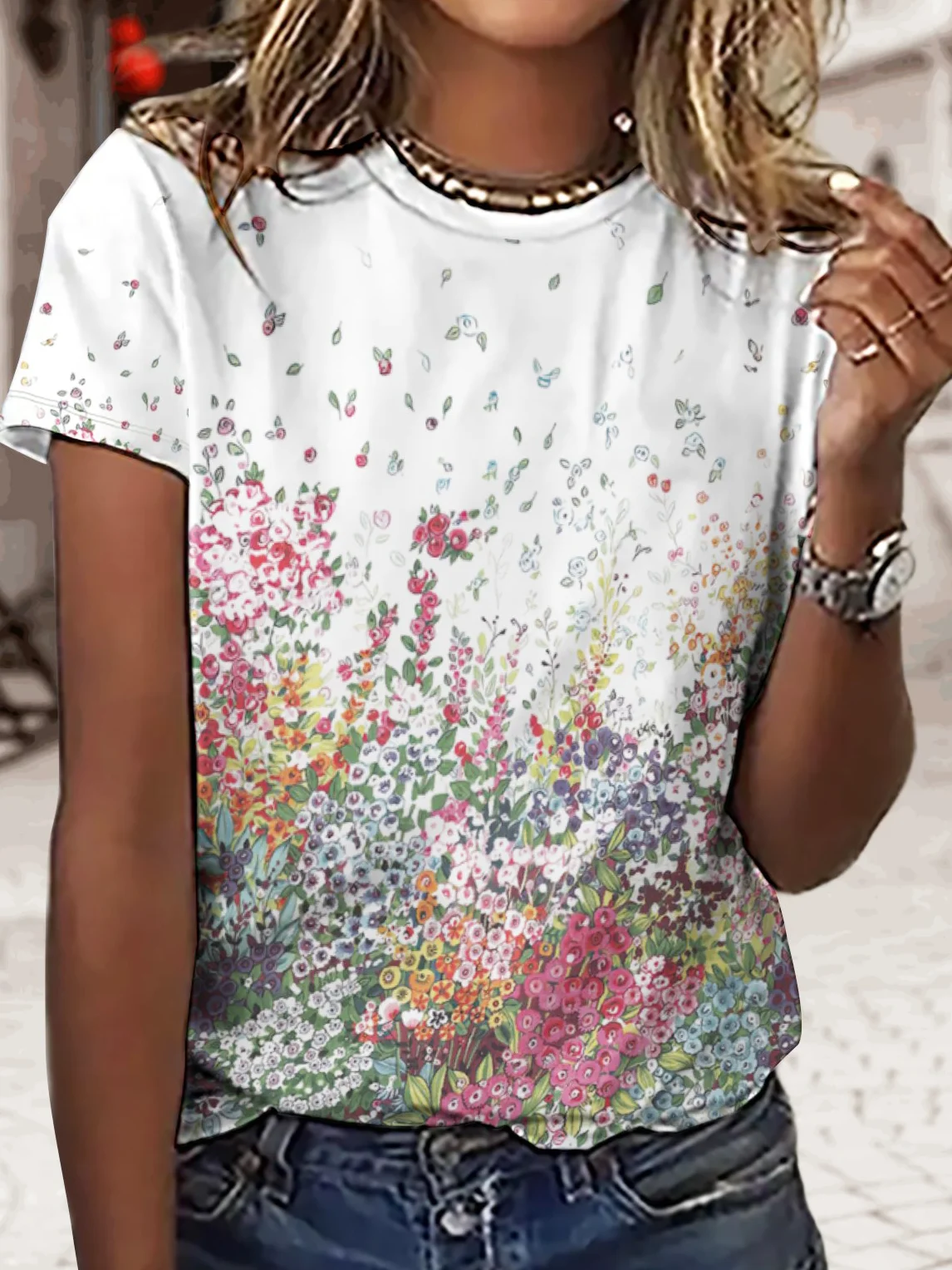 Women's Crew Neck Floral Simple Loose T-Shirt